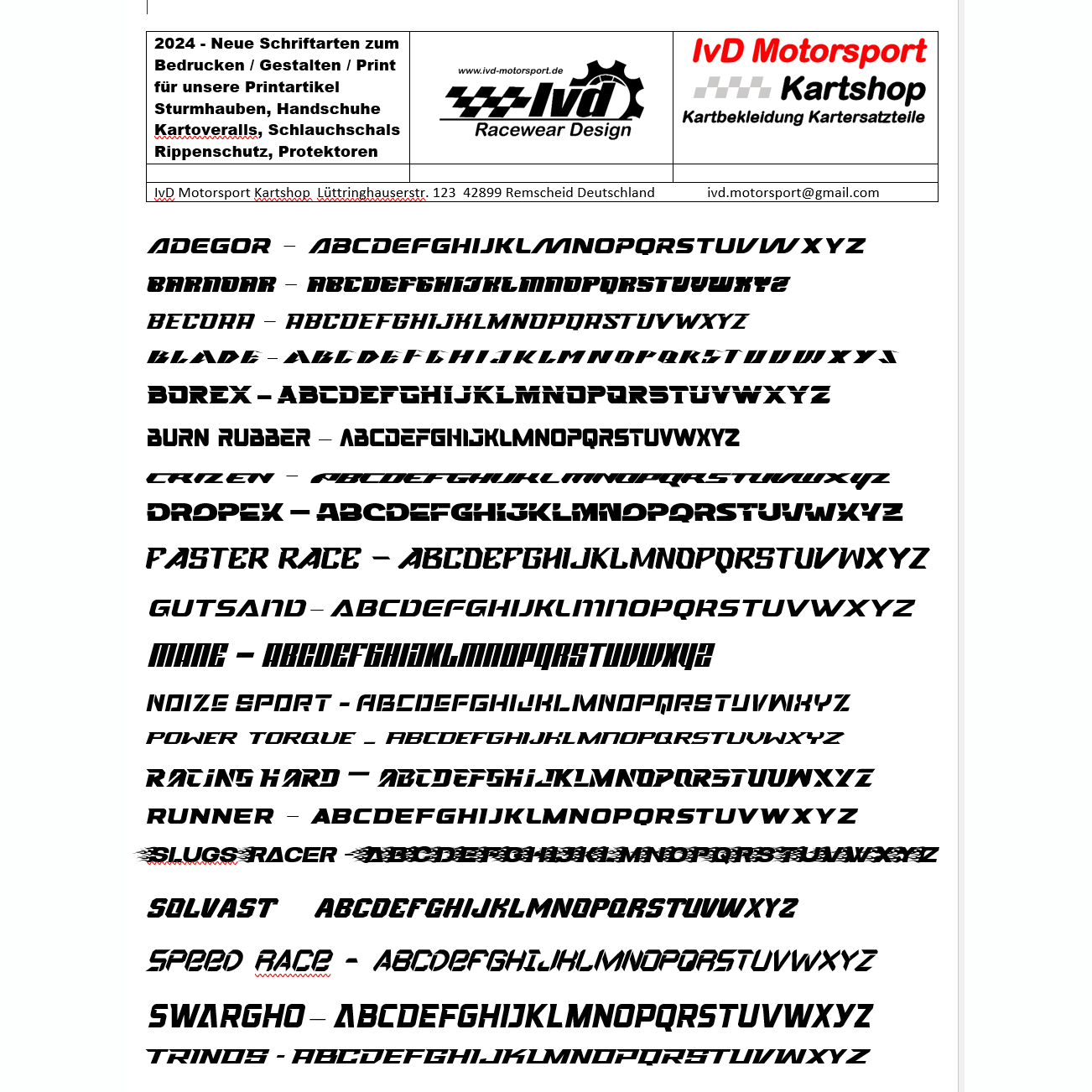 !               Schriftarten für unsere Druckartikel Racing Fonts