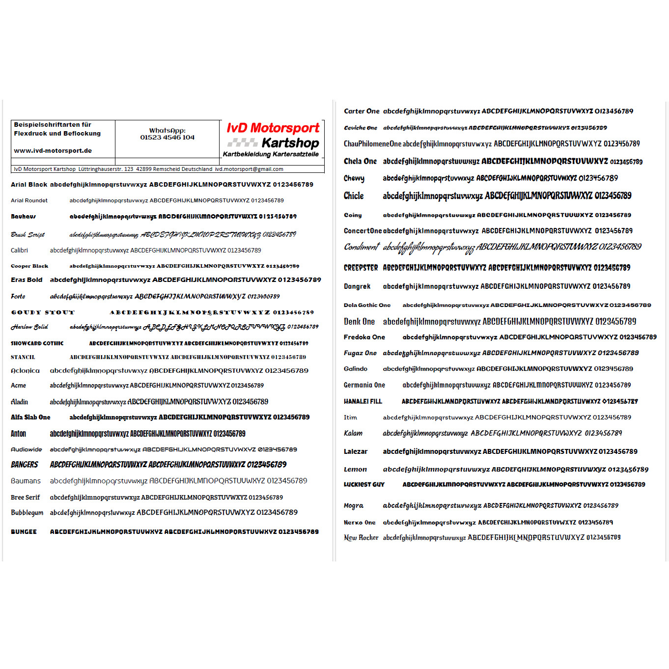 !               Schriftarten  für unsere Druckartikel/Flexdruck oder Besticken von Kartbekleidung